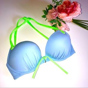 Victoria’s Secret Periwinkle Blue and Neon Green Halter String Bikini Bra